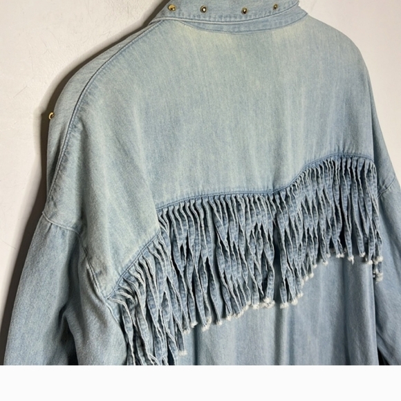 Vintage 90s Boho Fringe Western Rodeo Studded Cotton Denim Button Up Blouse - Picture 2 of 7